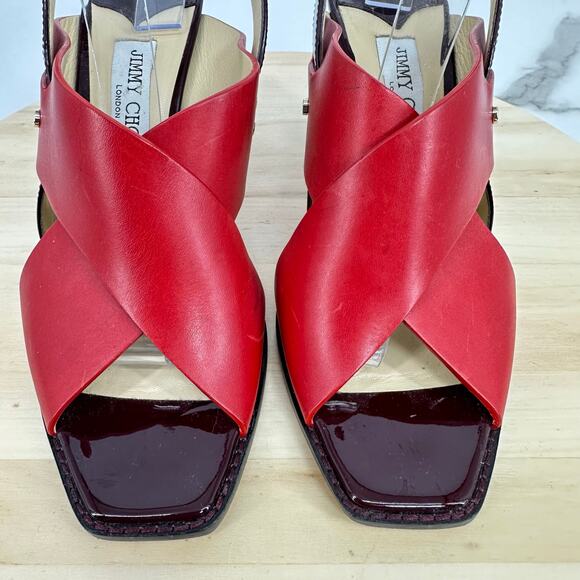 JIMMY CHOO Platform Sandal AIX 125 Red Leather Wood Heels Gold Patent Size 40 - Picture 6 of 12